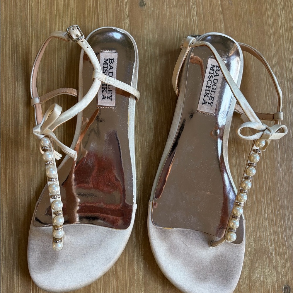 Badgley Mischka Ivory Pearl-Embellished T-Strap Sandals
